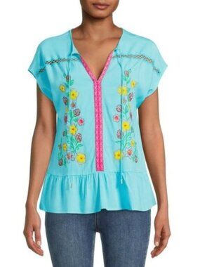 Blouse XL Top Aqua Blue Embroidered Floral Ruffle Peplum Boho Cottagecore Shirt